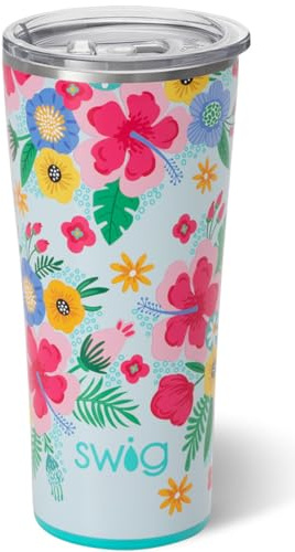 Swig Life 22oz Insulated Tumbler, Travel Coffee Tumbler with Lid, Cup Holder Friendly Travel Coffee Mug, Stainless Steel Thermos (Island Bloom)