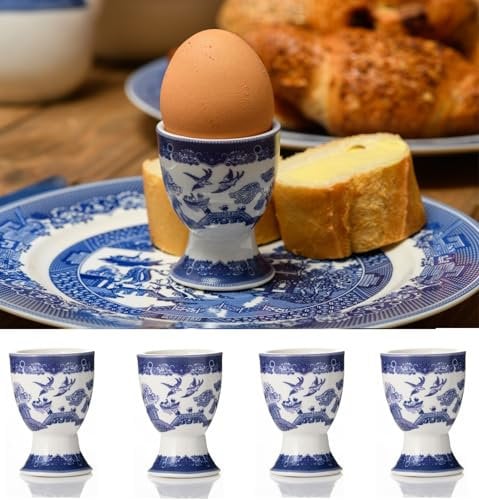 AuraHome Blue Willow Eggcups Set of 4 Height 7cm x 5cm Width Glazed Iconic Elegant Blue-Printed Scene on White Porcelain Depicts Nature Historical Imagery Collectible