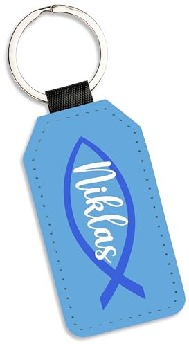 True Statements Schlüsselanhänger „Fisch“ personalisiert - religiöses christliches Symbol - Kunstleder – Geschenk Konfirmation Kommunion Firmung (Blau)
