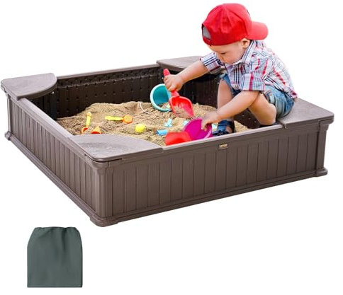 VEVOR Sandkasten mit Abdeckung, quadratischer Sandkasten, HDPE-Sandgrube mit 4 Ecksitzen & Bodenauskleidung, Kindersandkasten, Geschenk für Jungen und Mädchen im Alter von 3–12 Jahren, braun