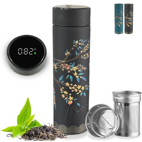 Farasi Infuseur à thé pour thé en vrac - Bouteille d'eau intelligente avec affichage de la température Fahrenheit - Acier inoxydable - Bouteille isotherme pour café et thé aux fruits - Noir - 425,2 g