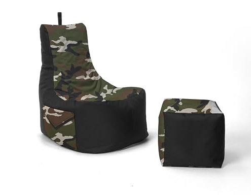 Nadimaideal Gaming Sitzsack XXL mit Hocker für Kinder, Teenager & Erwachsene | Indoor & Outdoor | Bodenkissen - Sessel - Beanbag bereits gefüllt | Füllung EPS Perlen (Soldatisch, Zweifarbig)