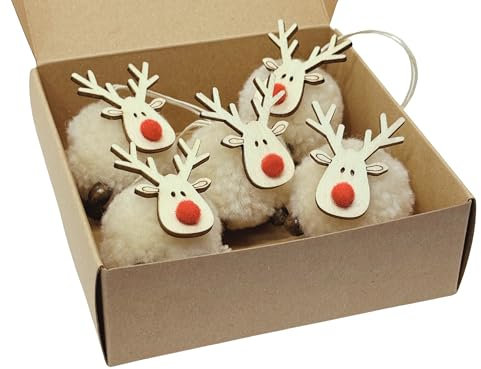 BoBoU Set di 5 decorazioni natalizie in legno e feltro, decorazione natalizia per albero di Natale, decorazione natalizia (renna, bianco, 5 pezzi)