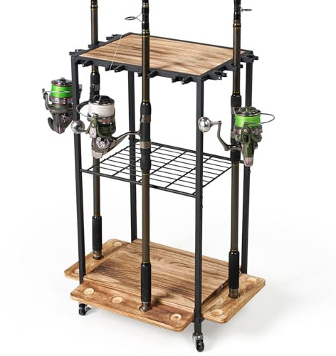 Emfogoo Angelrutenhalter mit Rollen | Für 10 Ruten + Angelzubehör-Set | Rutenständer für Garage, Boot und Zuhause | Ideal als Geschenk für Männer