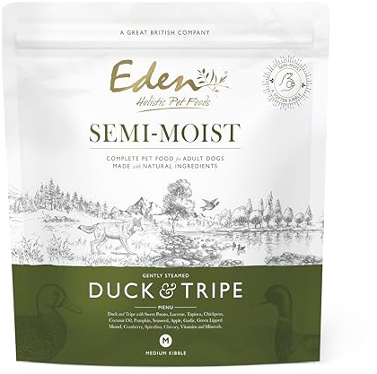 Eden Semi-Moist Duck & Tripe 2kg Kibble. Complete Premium Dry Dog Food for Adult & Senior Dogs. Soft kibble, great for fussy dogs, 60/40 Recipe, includes superfoods: Spirulina, green-lipped mussel