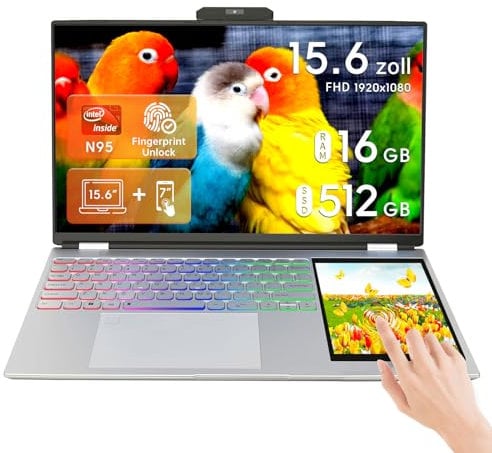 Zyphionix 15,6-Zoll-LCD-Bildschirm + 7-Zoll-Touchscreen-Laptop-Computer für Studenten und Unternehmen, 16 GB DDR4,Celeron N95,Windows 11 pro (Silber, 16GB+512G)