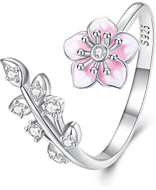 ShiYu Anello aperto regolabile in argento sterling con fiori di ciliegio rosa, anello nuziale ipoallergenico con zirconi e decorazioni floreali per donne e migliori amiche, Smaltato, Smalto