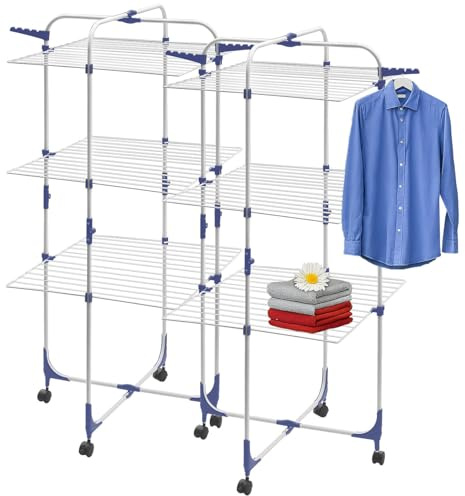 PEARL Wäscheständer ausziehbar: 2er-Set 3 Etagen Wäschetürme mit Rollen, 30 m Trockenstange, klappbar (Wäscheständer für Badezimmer, Klappbarer Turm, WC)