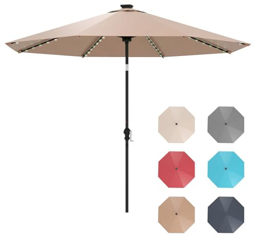 GOPLUS Parasol de Jardin Extérieur avec LED Coloré, 3M Grand Parasol Balcon Inclinable 35° avec Manivelle, 8 Baleines Solides, pour Patio Terrasse, Base Non Incluse (Marron)