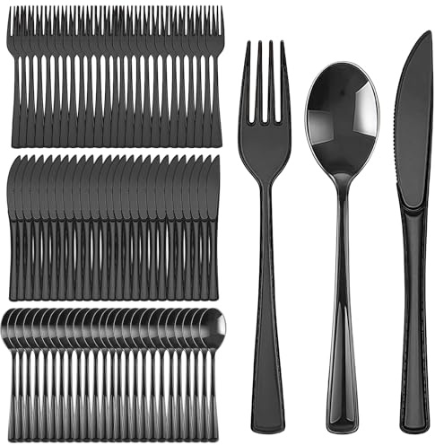 LEKEFETO Lot de 150 couverts réutilisables noirs - Couverts de fête réutilisables en plastique - Couverts de camping robustes noirs pour 50 personnes