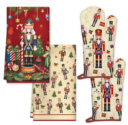 Arquiel Christmas Nutcracker Kitchen Towels and Oven Mitts Set 4Pcs, Soft Absorbent Dish Cloth Heat Resistant Oven Gloves for Cooking Baking Kitchen Decoration, Gifts for Her