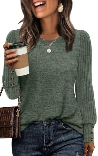 WIHOLL Ladies Jumpers Long Sleeve Tops for Women Jumpers for Women UK Lightweight Sweatshirt Ladies Tops Size 10-12 Green M