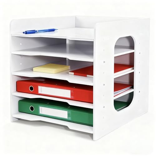Letter Tray Organiser, A4 Paper Desk Organiser, 5 Tiers letter organiser, Office Filing Trays Holder, Desk File Tidy Organizer with Stackable Filing Tray for Home Office School (White)