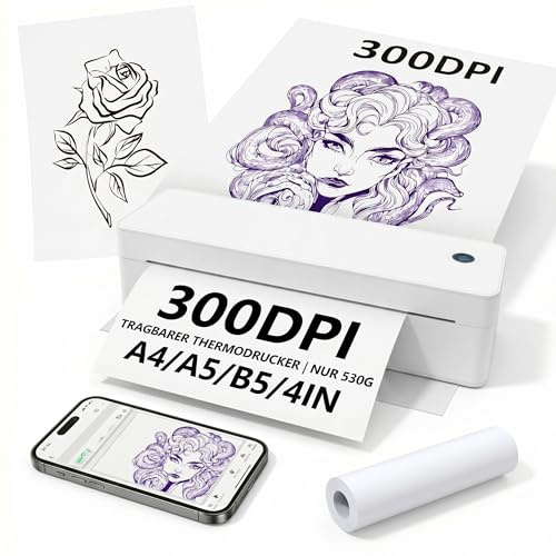 Fuhuihe A401 Impresora de Plantillas para Tatuajes Bluetooth, 300DPI Impresora Térmica Portátil para Transferencias y Papel A4, Inalámbrica para Principiantes y Profesionales