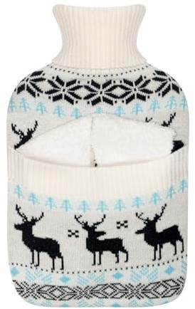 PLIC - 2L Hot Water Bottle and Socks Set, Knitted Deer Design Cover, Winter Gift Idea for Winter, Comfort and Warmth, Leak Proof Safety