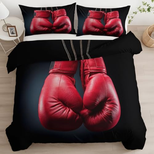 Generisch Bettwäsche 135 x 200 cm Fotografie Rote Boxhandschuhe Bettbezug Atmungsaktives Leichtgewicht Mikrofaser mit Kissenbezug, Schwarz Bettwäsche-Sets für Kinder Jugendliche Erwachsene