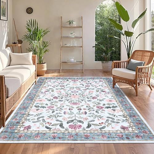 CAROMIO Waschbarer Teppich Blumenmuster 120x170cm Kurzflor rutschfest Blau | Vintage Blumen Wohnzimmerteppich, Boho Floraler Teppich für Schlafzimmer Kinderzimmer Esszimmer, Faltbar