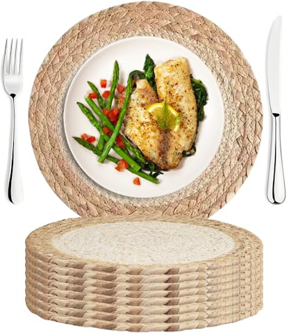 Hojalis Round Woven Placemats Set of 8, 30cm Natural Braided Table Mats for Dining, Kitchen Decor, Handmade Burdock Grass & Corn Husk Place Mats, Boho Table Mats for Family Dinners, Party, Wedding