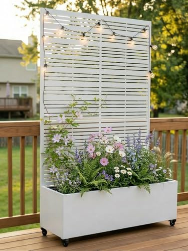 Orto Rialzato da Esterno in Metallo con Grigliato, Fioriera con Ruote e Schermo per la Privacy, Aiuola Rialzata con Traliccio per Piante Rampicanti, Vaso per Giardino, Patio e Balcone (Bianco)