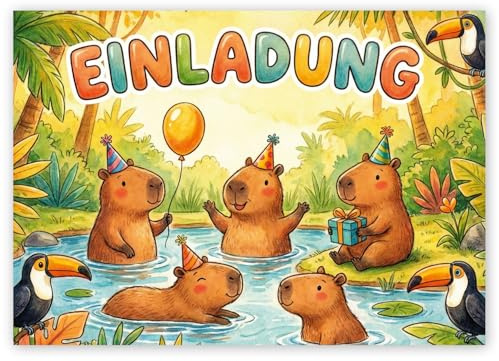 LIEBEVON 12x Capybara Einladungskarten Kindergeburtstag - Pastell Dschungel | Einladungen für Jungen & Mädchen. Extra stabiler 300g Premium-Karton, Format A6.