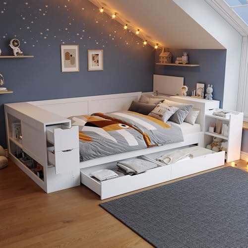 Xfholl 4ft6 Double Bed with Drawers, Shelves and Storage Space, Multifunctional Children's Bed with Bedside Table, White, 135 x 190 cm (No Mattress)