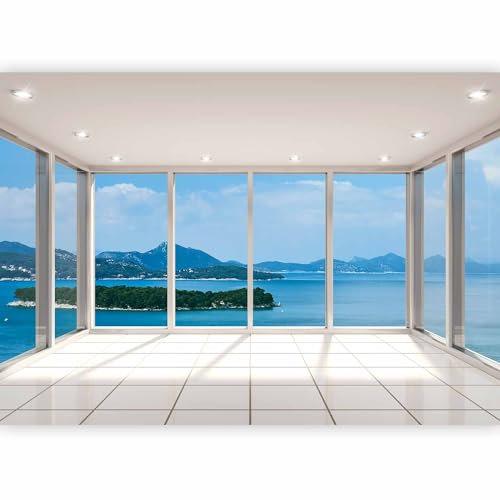 Papier peint murando panoramique paysage 200x140 cm - Revêtement mural décoration chambre salon - Design moderne - Gris bleu - Mer nature paysage vue depuis la fenêtre îles d'eau c-A-0085-a-a
