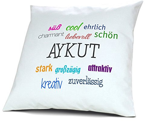 digital print Kopfkissen mit Namen Aykut - Motiv Positive Eigenschaften, 40 cm, 100% Baumwolle, Kuschelkissen, Liebeskissen, Namenskissen, Geschenkidee, Deko