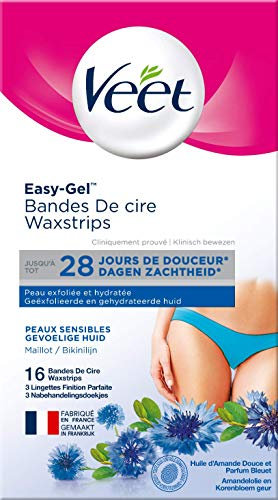 Veet® Bikini and Underarm Wax Strips with Vitamin E and Almond Oil for sensitive skin 16 strips, 4 wipes