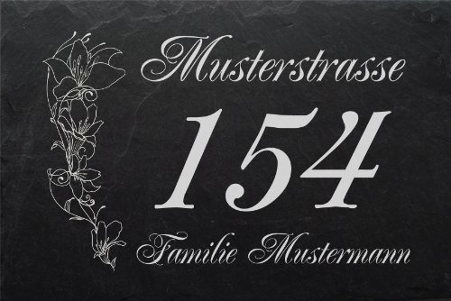 Schiefertafel mit wetterfester Lasergravur des Motives Hausnummer-005 und Ihrem Text/Daten in der gewünschten Schriftart von LaserArt24