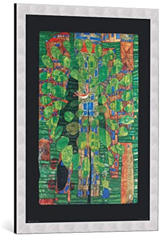 kunst für alle Bild mit Bilder-Rahmen: Friedensreich Hundertwasser Singender Vogel auf einem Baum in der Stadt - dekorativer Kunstdruck, hochwertig gerahmt, 56x77 cm, Silber gebürstet