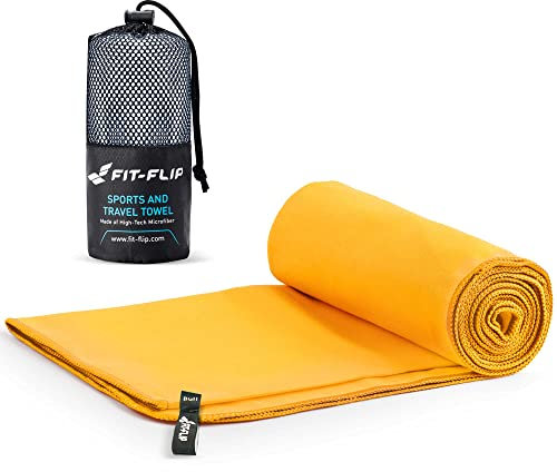 Fit-Flip Serviette Microfibre - pour Le Sport, Musculation et la Piscine - compacte, Ultra-légère et Rapidement sèche - Parfait pour la Natation, la Plage et Le Voyage (50x100cm Jaune)