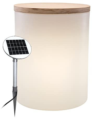 8 seasons design Beistelltisch beleuchtet 45 cm, Shining Drum (weiß), Solar, LED warmweiß, Dämmerungssensor, wetterfest, für außen, inkl. Holz-Deckel (Garten) – Pflanztopf, Getränkekühler