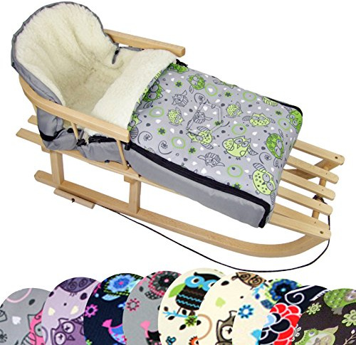 BAMBINIWELT KOMBI-ANGEBOT Holz-Schlitten mit Rückenlehne & Zugseil + universaler Winterfußsack (90cm), auch geeignet für Babyschale, Kinderwagen, Buggy, aus Wolle im Eulendesign (Eule §11)