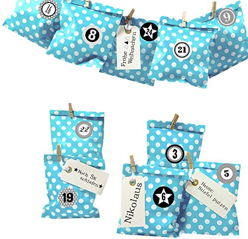 Frau WunderVoll® DIY Adventskalender zum Befüllen Bescherung: Set Punkt 152, Papiertueten flach 13x16,5cm, beachblau Punkt, Ziffern grau
