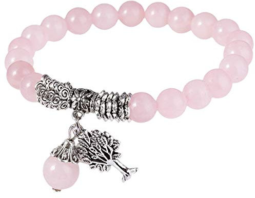 mookaitedecor Quartz Rose Bracelet Pierre Lithotherapie Elastique, Bracelet Chakra Perles Energie Tibétain Bouddhiste avec Pendentif Arbre de Vie