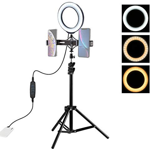 PULUZ 15,7 cm LED Ring Vlogging Fotografie Video Light Kits Live Broadcast Dual Phone Halterung USB 3 Modi dimmbar mit 1,1 m Stativhalterung für Make-up und YouTube Video Vlogging Ausrüstung