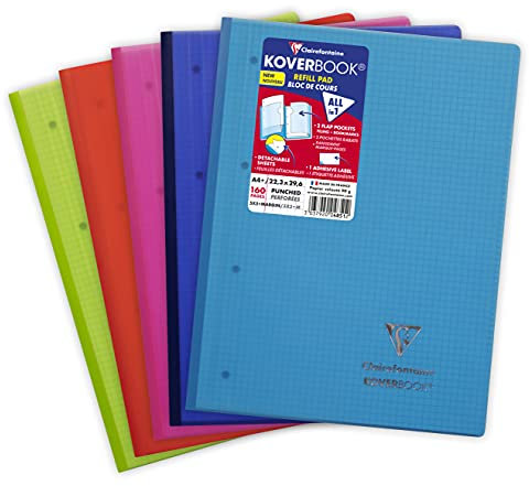 Clairefontaine 4851C Un Bloc de Cours Koverbook Agrafé Grand Côté - A4+ 22,3x29,6 cm - 160 Pages Détachables Petits Carreaux avec Marge Perforées 4 Trous - Couverture Polypro - Couleur Aléatoire