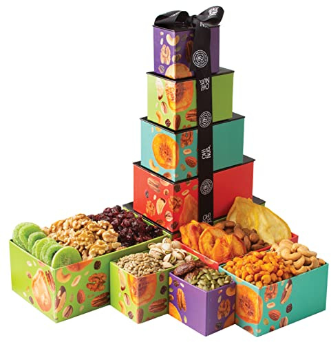 Oh! Nuts 5 Tier Gift Tower - 12 Assorted Dried Fruits and Nuts Gift Basket - Gourmet Healthy Snack Boxes for Holiday, Birthday, Thank You, Corporate Gifting, Parties & Family Celebrations