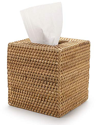 Kosmetiktücher Box aus Rattan Taschentücherbox Natur für Zuhause/Büro/Auto Quadratisch (Natürlich, 14x14x15cm)