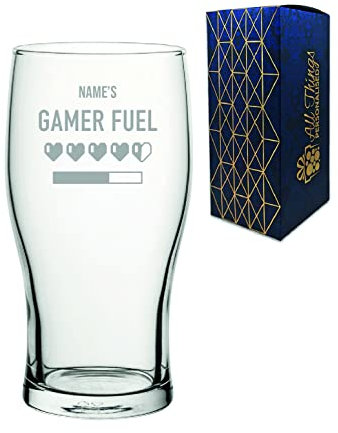 Personalised Engraved Pint Glass with Name's Gamer Fuel Hearts Design, Gift Boxed, Personalise with Any Name for Any Gamer