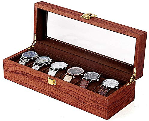 Futchoy Uhrenkasten 6 Uhren Uhrenbox Herren mit herausnehmbaren Uhrenkissen Uhren Aufbewahrungsbox mit Glasdeckel Watch Box Uhrenkoffer 31,5x11x8,2 cm