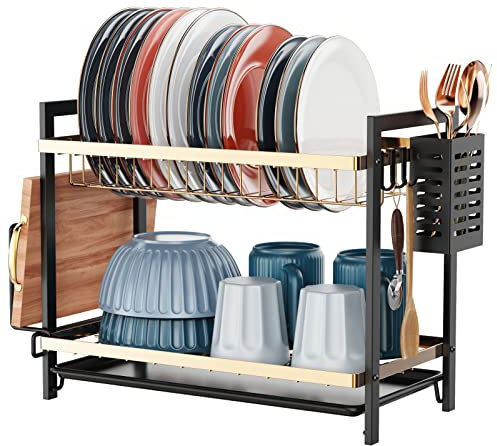 iSPECLE Dish Drainer - 2 Tier Dish Drying Rack with Drip Tray, Sink Draining Board with Utensil & Cutting Board Holder for Kitchen Worktop, Space Saving, Black x Gold