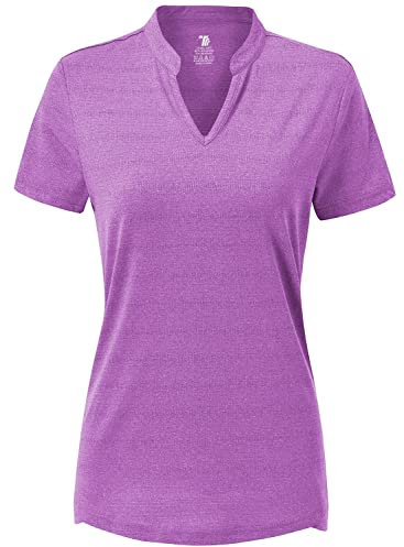 donhobo Damen Sport Fitness T-Shirt Kurzarm V-Ausschnitt Laufshirt Shortsleeve Yoga Top Sommer Golf Polo Shirts (Pflaume Lila, L)
