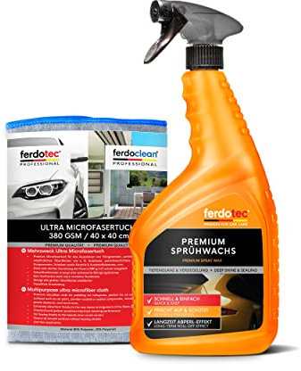 ferdotec Premium Sprühwachs 750 ml + Microfasertuch - Vorteils Set - Schnellversiegelung für alle Lacke geeignet - Autopolitur -Auto Versiegelung mit Wasser Abperl-Effekt - Glanz Politur