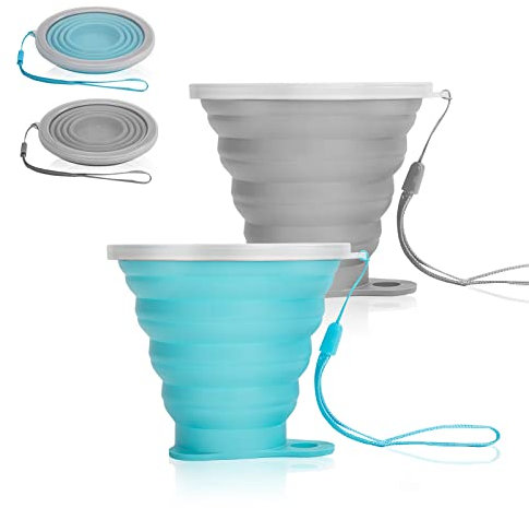 Newellsail Copas de Silicona Plegable Sin BPA Tazas de Silicona 270ML Tazas Portátil Reutilizable con Tapa de Sellado de Plástico para Picnic Cámping 2 Piezas (Gris y Azul)