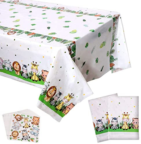 2 Pack Jungle Safari Party Table Cloth, Safari Party Decorations Plastic Table Covers with 20Pcs Animals Paper Napkins for Kids Boys Baby Shower Wild One Birthday Decorations