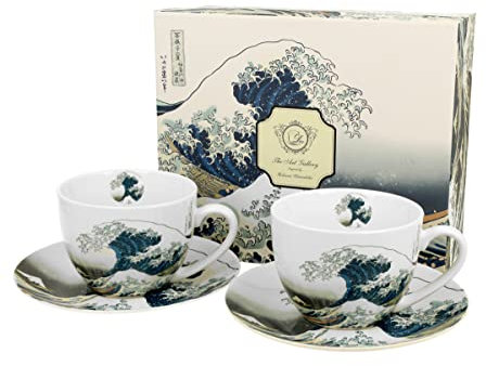 DUO ART GALLERY 2er-Set Tassen 280 ml THE GREAT WAVE mit Untertassen, New Bone China Porzellan