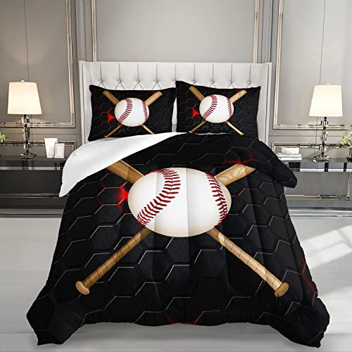 HOSIMA Schwarzes Waben-Baseball-Bettwäsche-Set für Doppelbetten mit 2 Kissenbezügen.