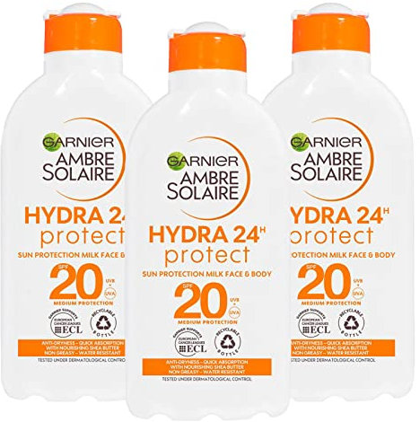 Garnier Ambre Solaire Hydra 24h Protect Sonnenmilch Schutz für Gesicht und Körper SPF 20 Medium Schutz gegen UVA UVB Feuchtigkeitsspendende Formel Wasserdicht mit Karité-Butter - 3 Flaschen à 200 ml