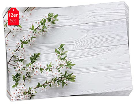 Tischset, Platzset - Weiße Blüten auf weißem Holz - 12 Stück Made in Germany, 44x32cm aus speziellem Naturpapier in Aufbewahrungsmappe – die besondere Tischdeko für Frühling, Ostern & Blumen